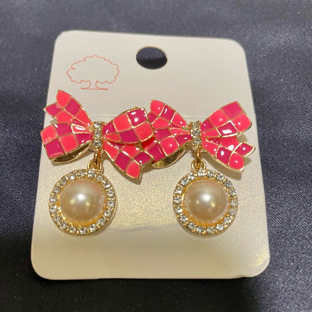 Pink and Gold Fashion Bow Pearl Drop Earrings, NWOT